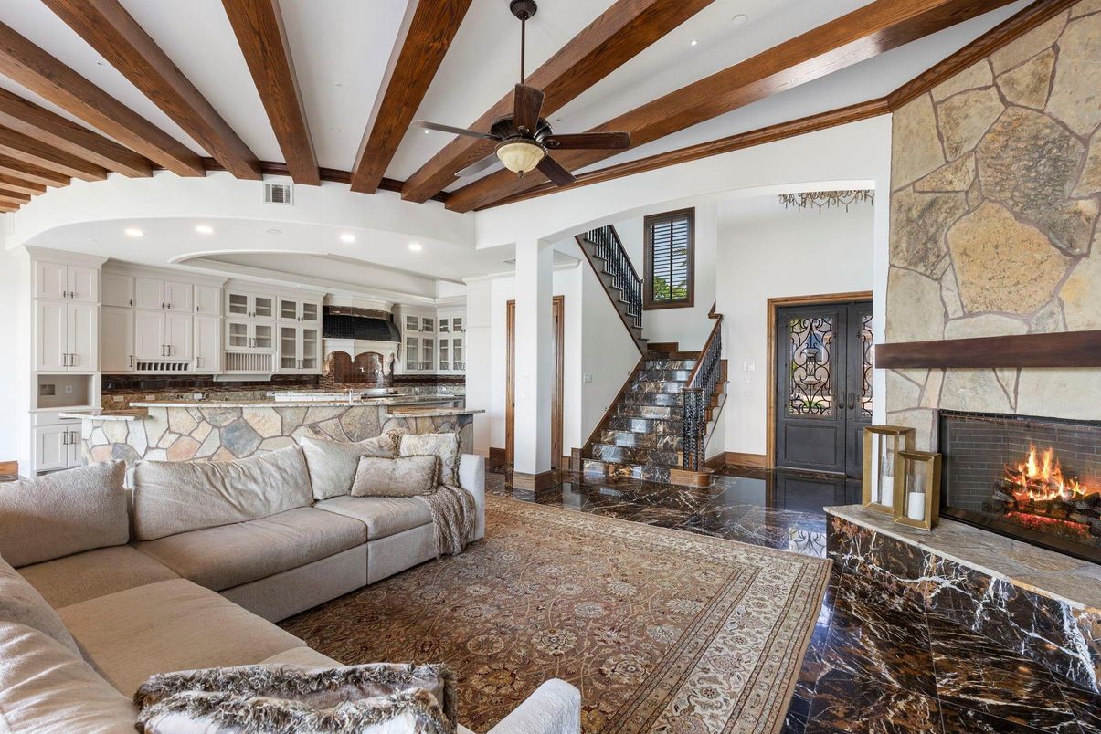 Fireplace, Interior, Kitchen, Living room, Recessed Lighting, Stone Walls, Wooden Beams