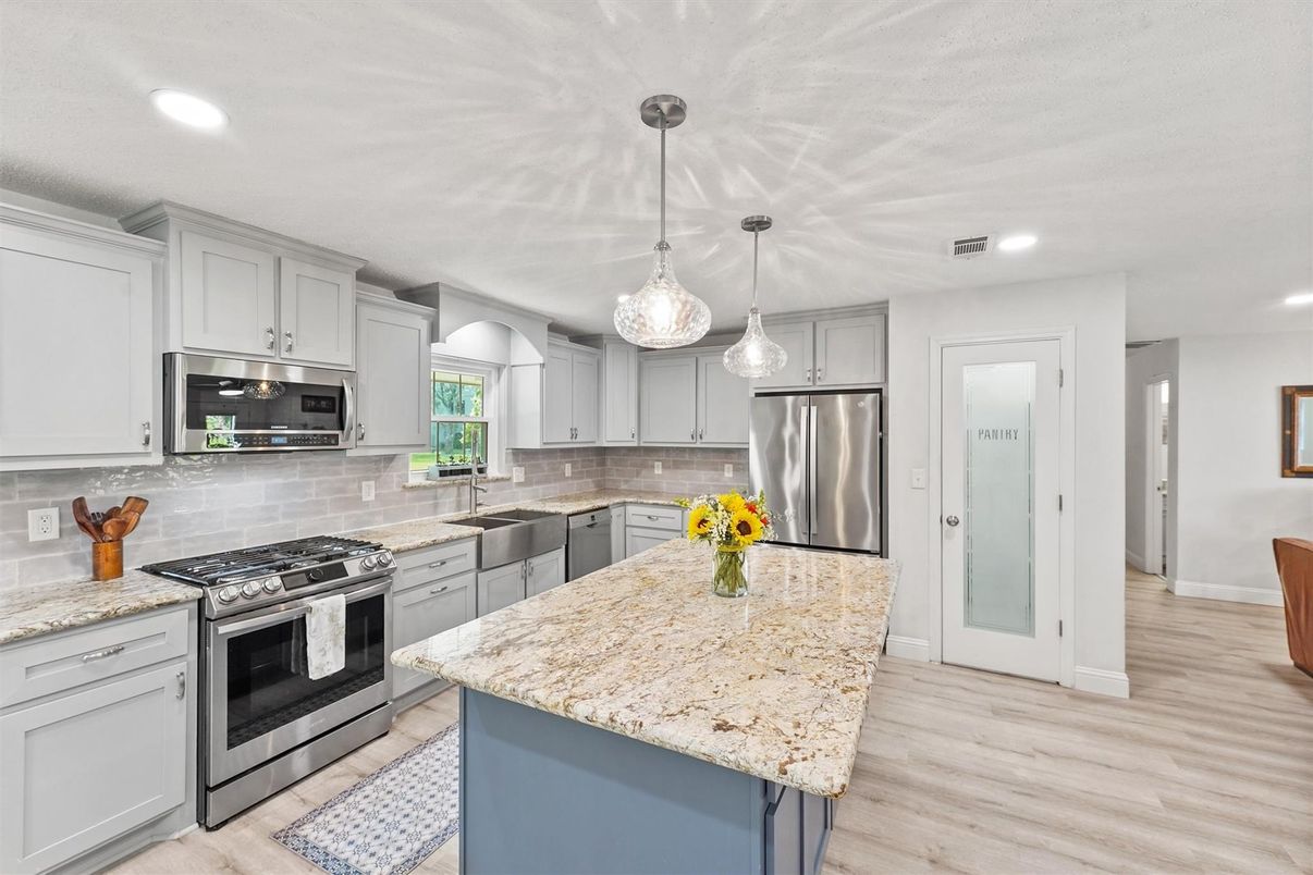 Interior, Kitchen, Pendant Lights, Recessed Lighting, Stainless Steel Appliances, Wood Texture Flooring