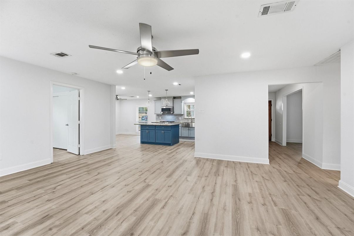 Empty room, Interior, Kitchen, Recessed Lighting, Wood Texture Flooring