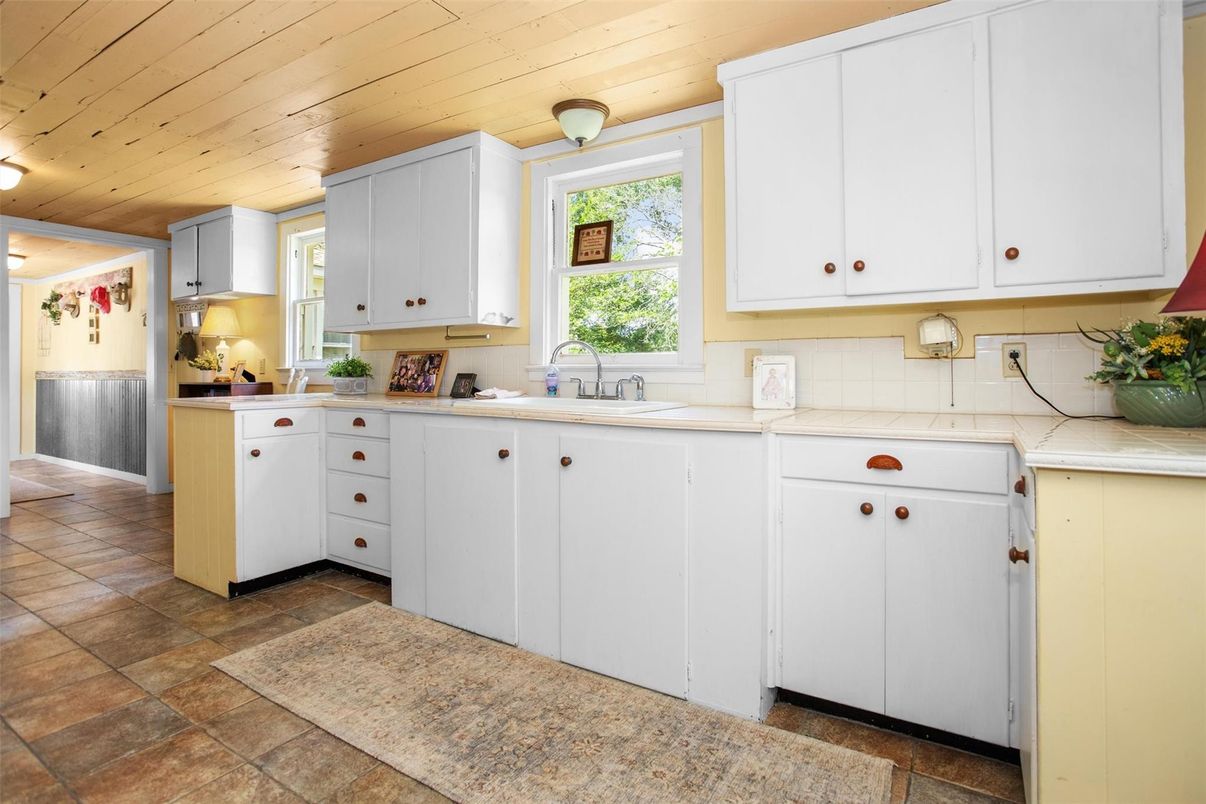 Interior, Kitchen, Tile Countertops, Wooden Ceilings