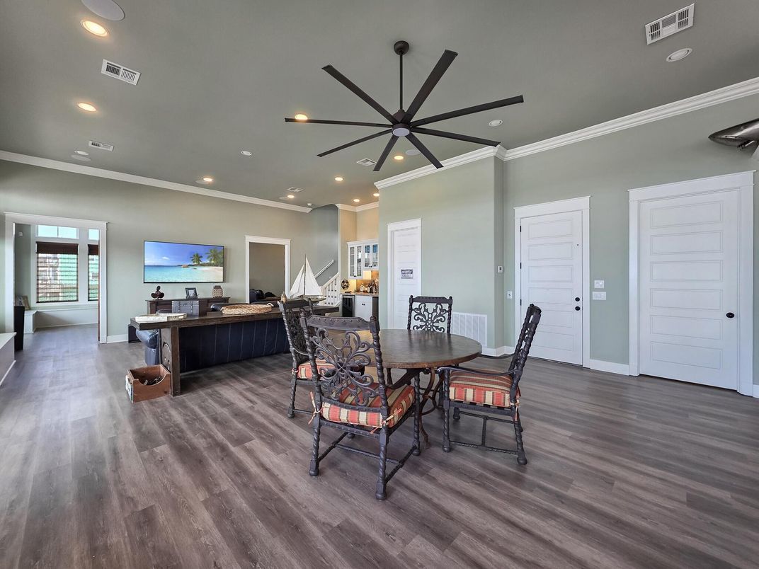 Dining room, Interior, Pendant Lights, Recessed Lighting, Wood Texture Flooring