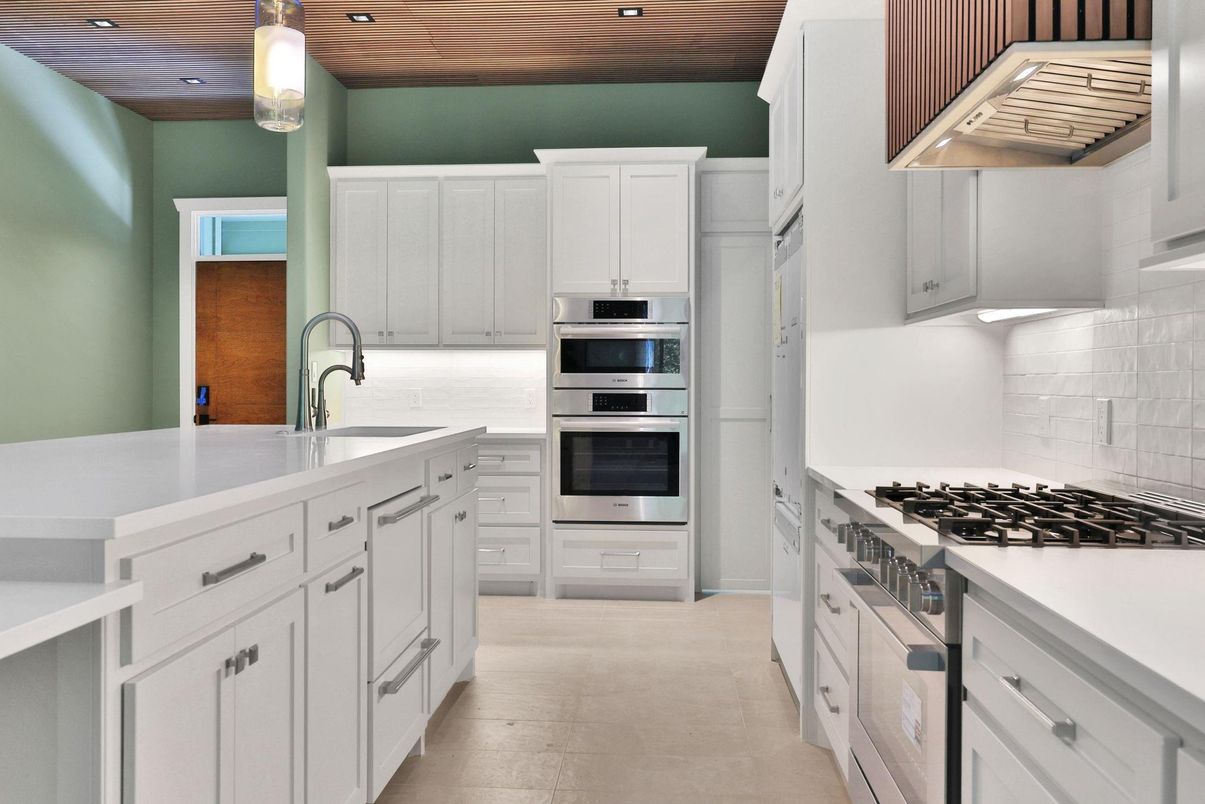 Interior, Kitchen, Pendant Lights, Recessed Lighting, Stainless Steel Appliances, Wooden Ceilings