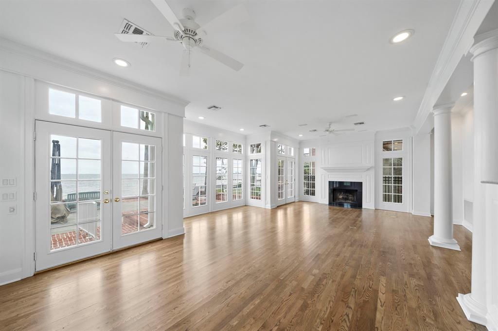 Empty room, Fireplace, Interior, Recessed Lighting, Wood Texture Flooring
