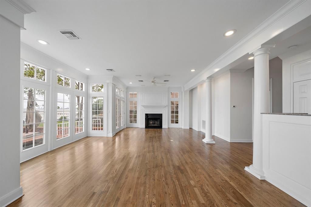 Empty room, Fireplace, Interior, Recessed Lighting, Wood Texture Flooring