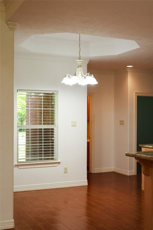 Chandelier, Empty room, Interior, Recessed Lighting, Wood Texture Flooring