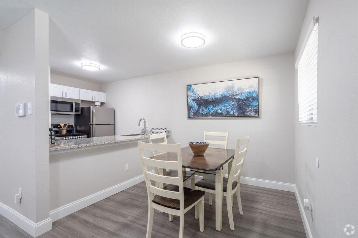 Dining room, Interior, Kitchen, Stainless Steel Appliances, Wood Texture Flooring