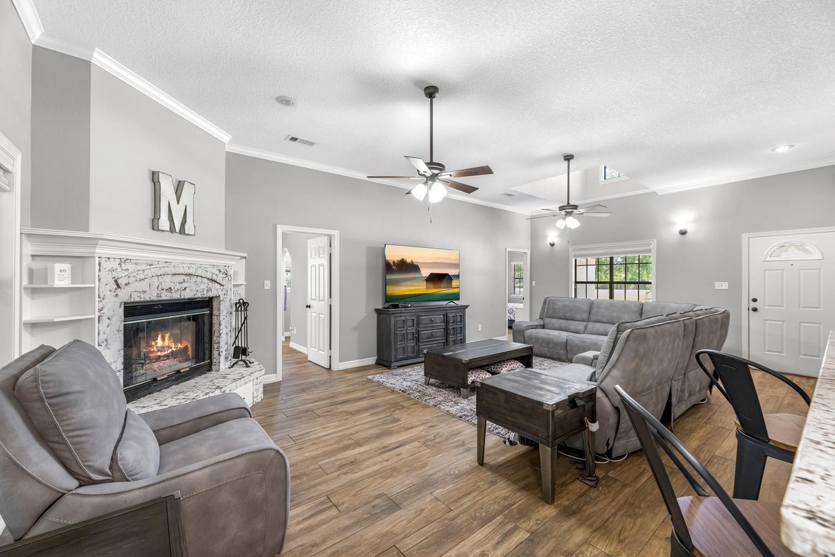 Fireplace, Interior, Living room, Recessed Lighting, Wood Texture Flooring