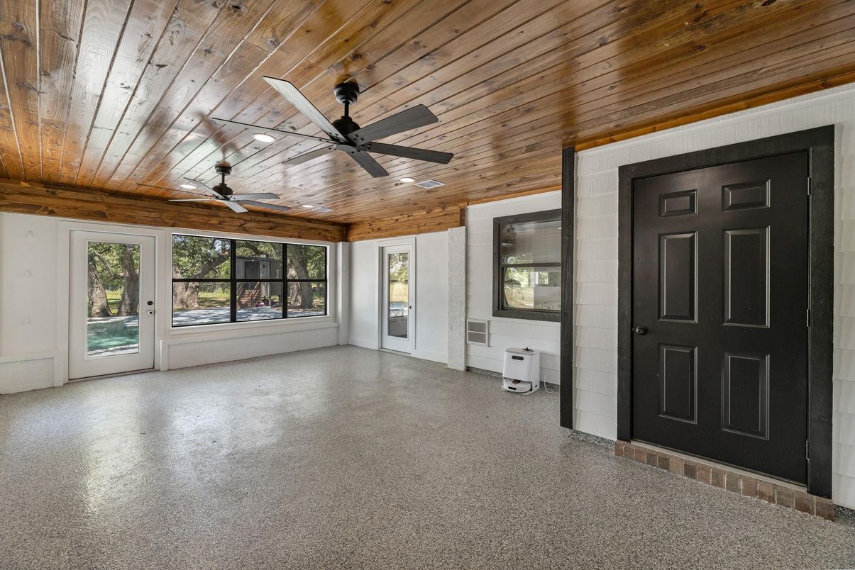 Empty room, Fireplace, Interior, Recessed Lighting, Wooden Ceilings