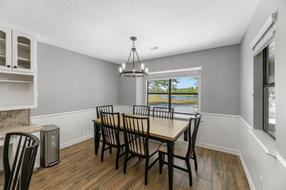 Dining room, Interior, Pendant Lights, Water, Wood Texture Flooring