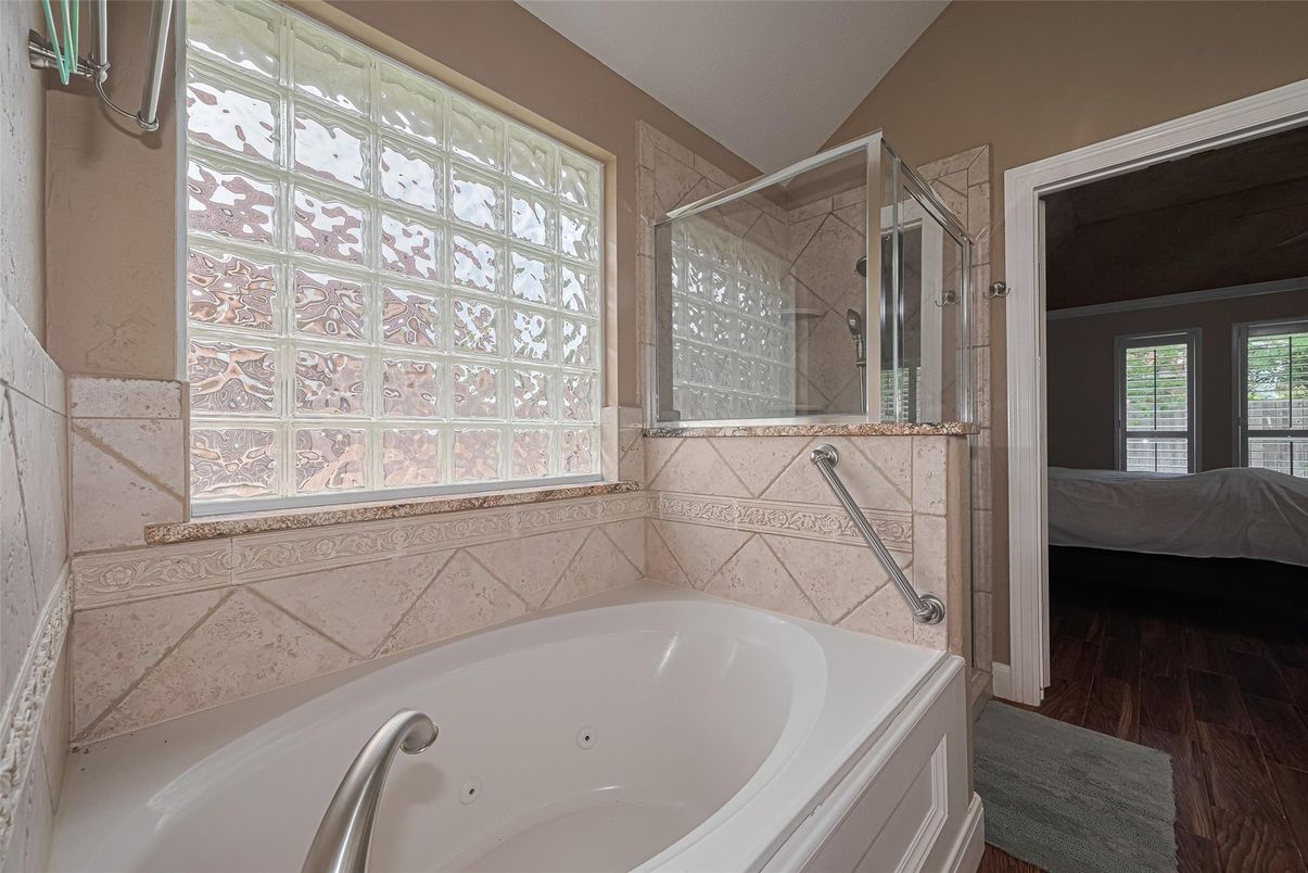 Bathroom, Glass Shower, Interior, Wood Texture Flooring