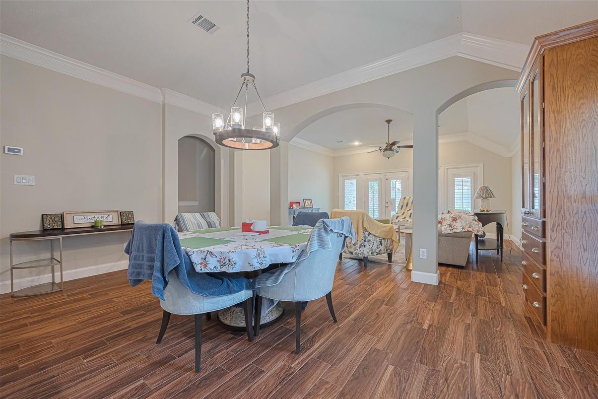 Dining room, Interior, Pendant Lights, Recessed Lighting, Wood Texture Flooring