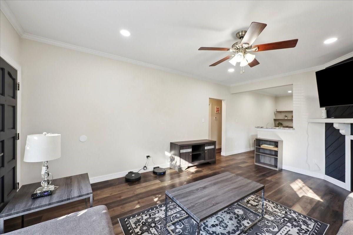Fireplace, Interior, Recessed Lighting, Wood Texture Flooring