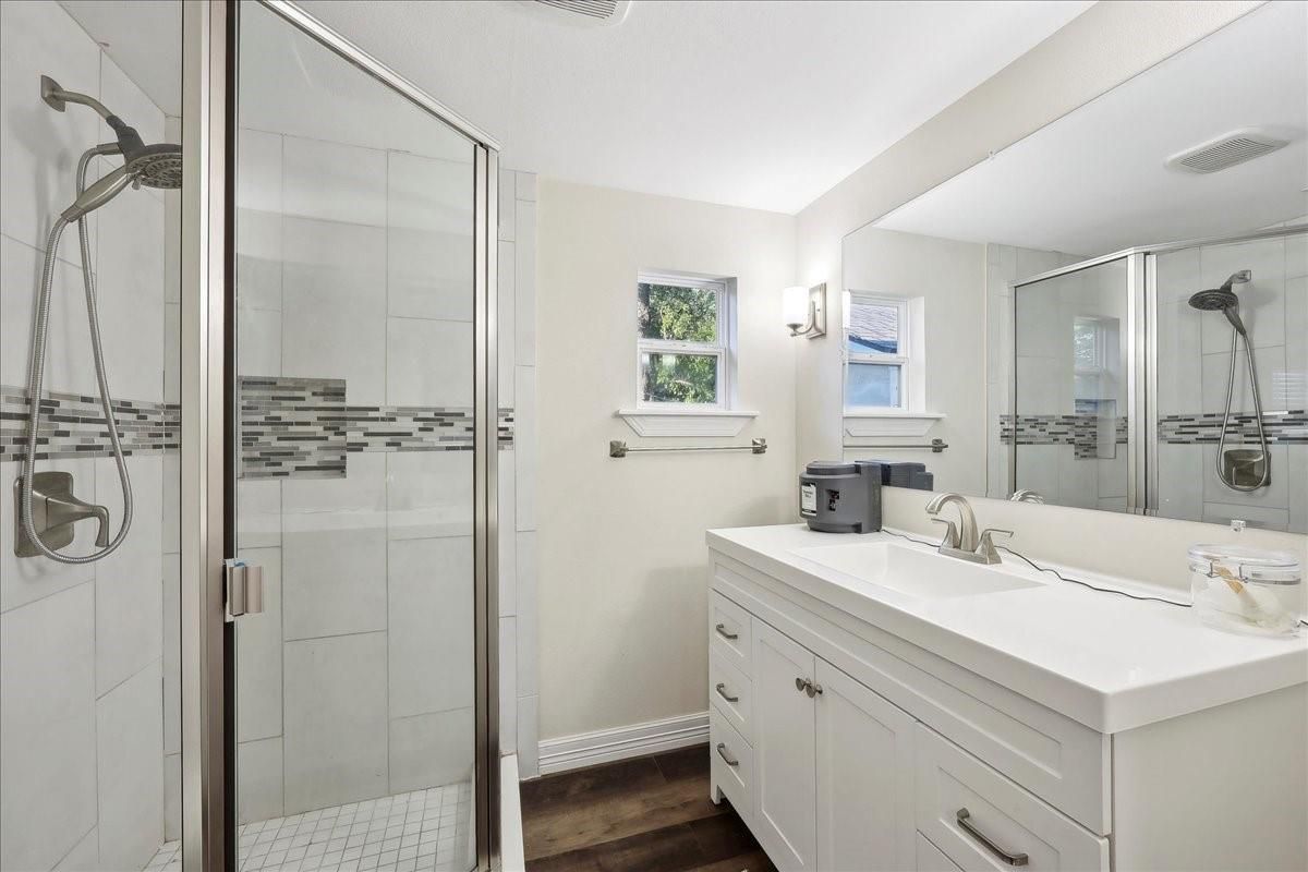 Bathroom, Glass Shower, Interior, Wood Texture Flooring