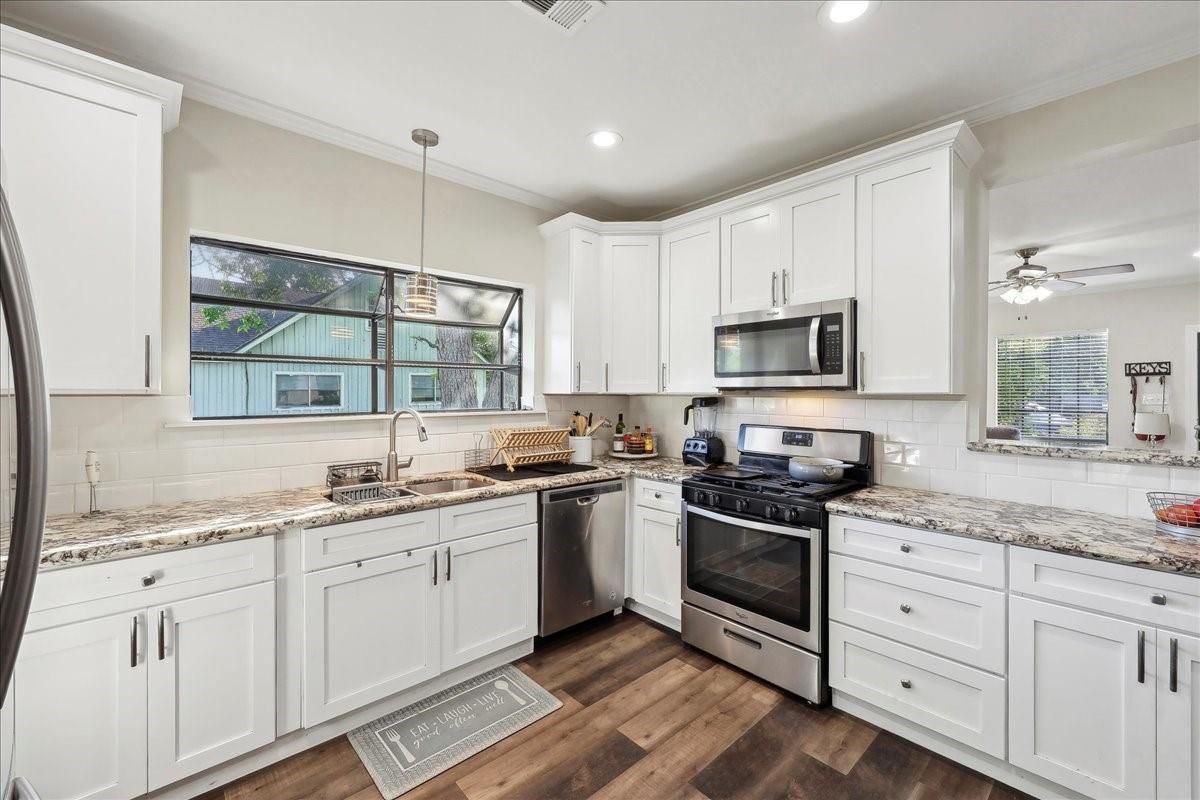 Interior, Kitchen, Pendant Lights, Recessed Lighting, Stainless Steel Appliances, Wood Texture Flooring