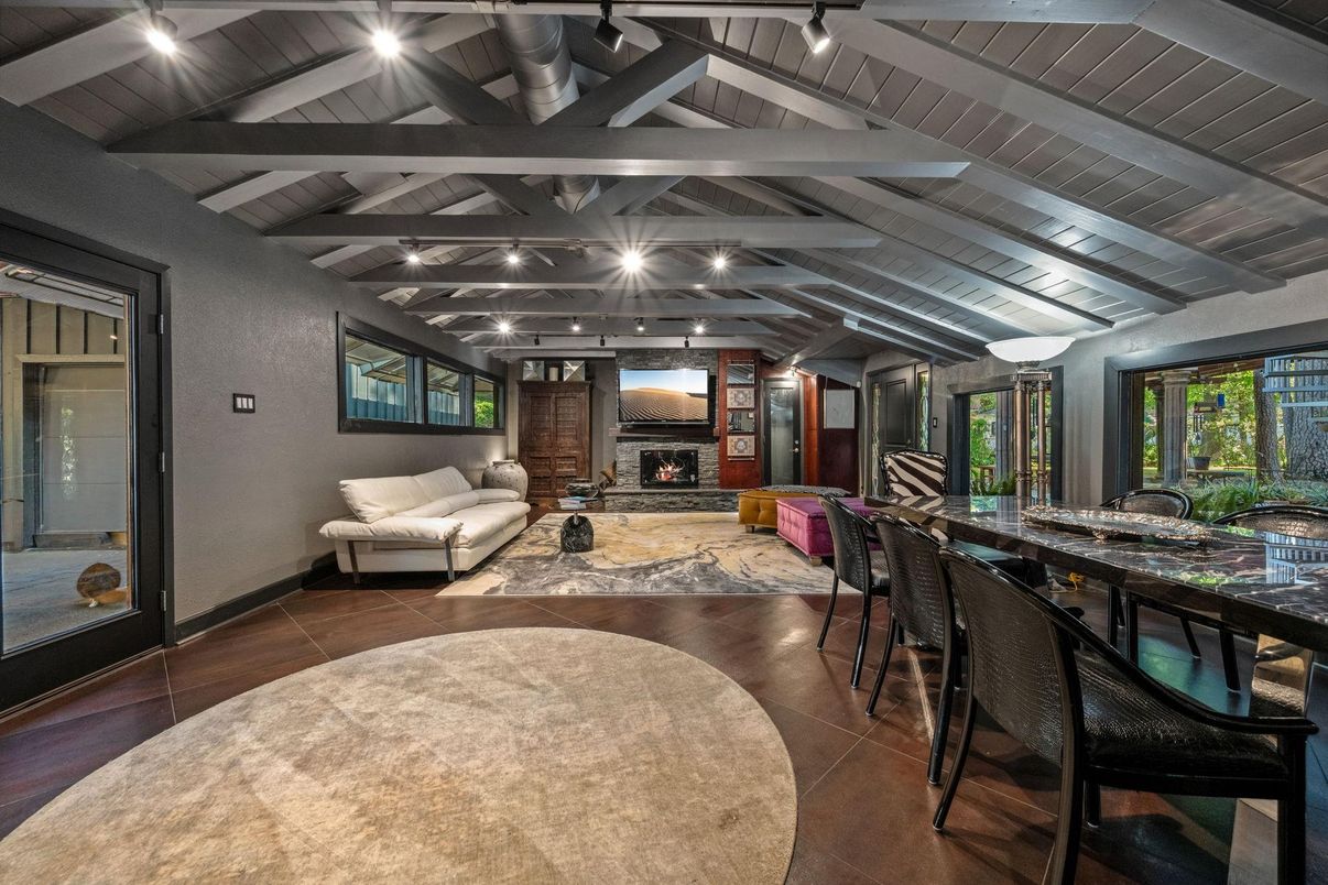 Dining room, Fireplace, Interior, Living room, Recessed Lighting, Wood Texture Flooring