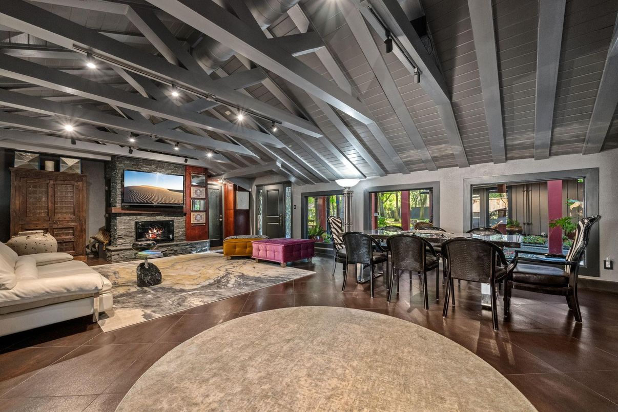 Dining room, Fireplace, Interior, Living room, Wood Texture Flooring