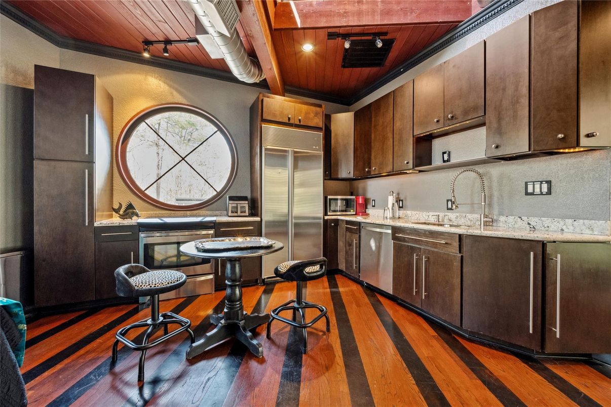Interior, Kitchen, Recessed Lighting, Stainless Steel Appliances, Wooden Ceilings, Wood Texture Flooring