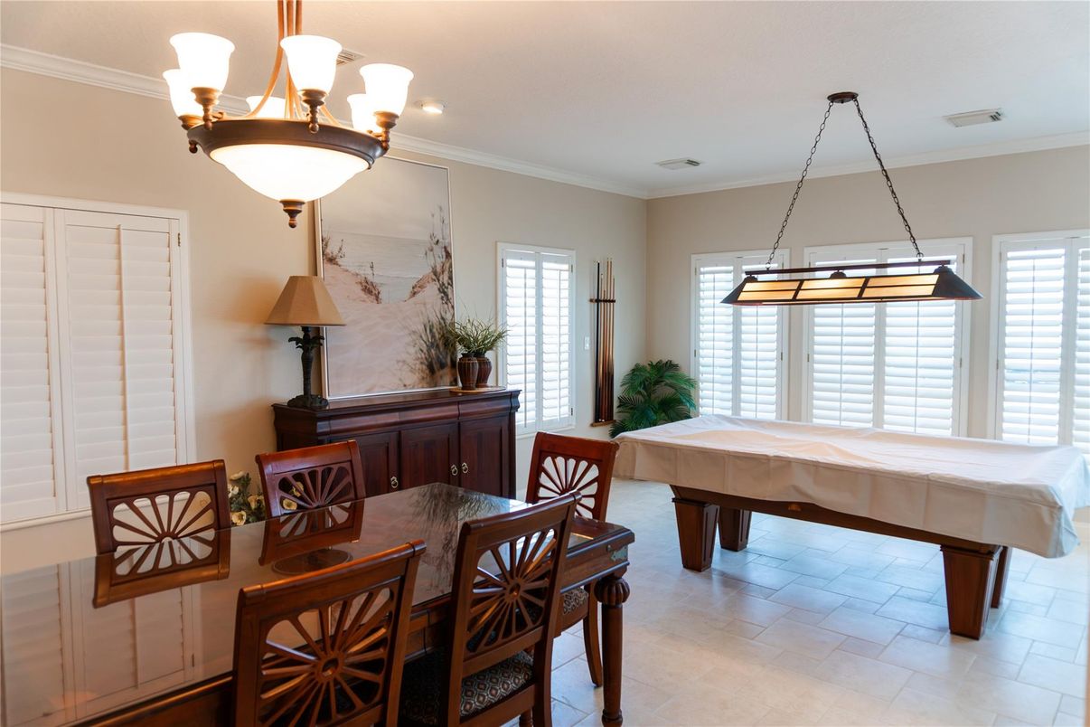 Billiard Table, Chandelier, Dining room, Game Room, Interior, Pendant Lights