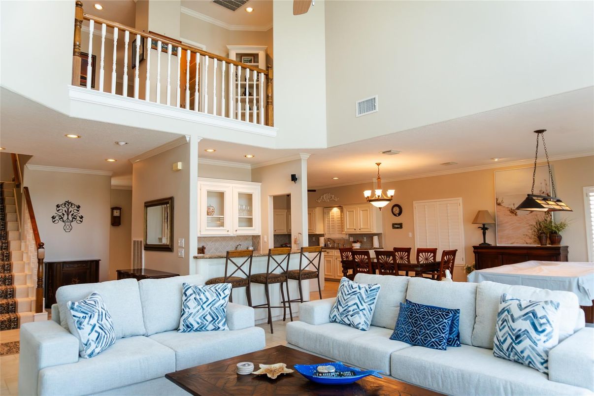 Chandelier, Dining room, Fireplace, Interior, Kitchen, Living room, Pendant Lights, Recessed Lighting