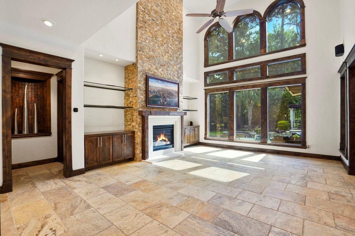 Fireplace, Interior, Recessed Lighting, Stone Walls