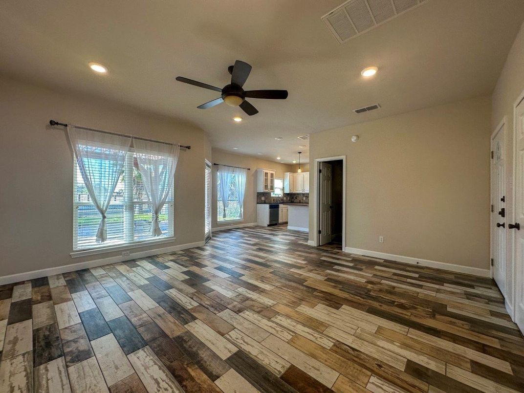 Empty room, Interior, Kitchen, Pendant Lights, Recessed Lighting, Wood Texture Flooring