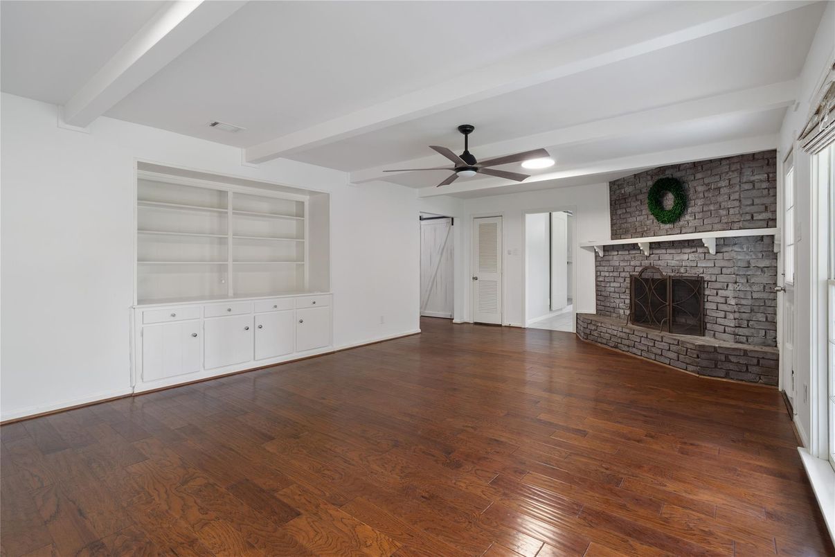 Empty room, Fireplace, Interior, Stone Walls, Wood Texture Flooring