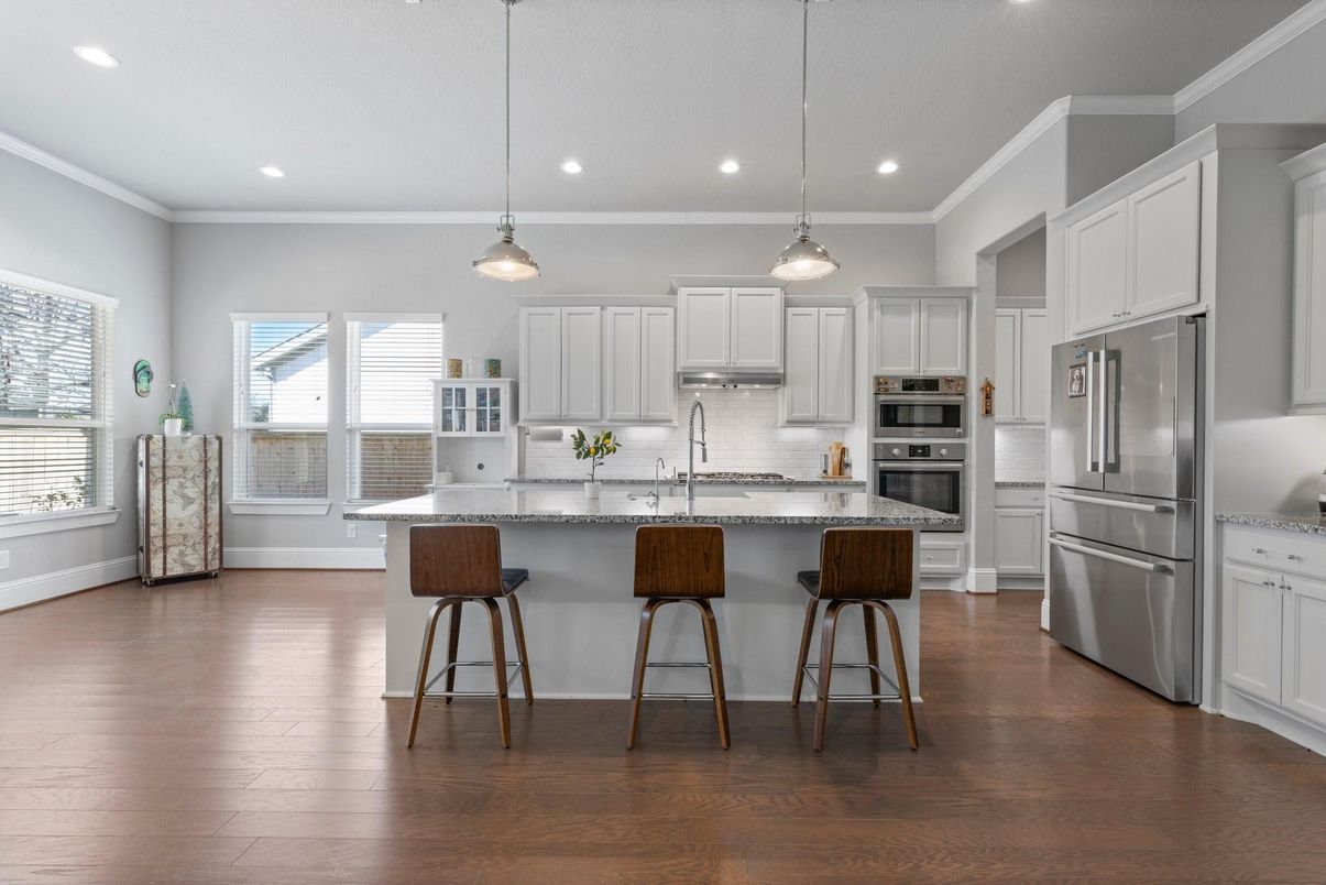 Interior, Kitchen, Pendant Lights, Recessed Lighting, Stainless Steel Appliances, Wood Texture Flooring