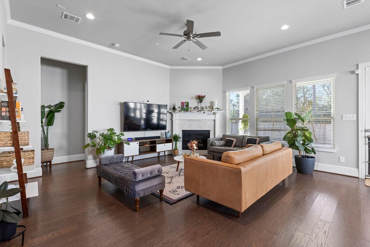 Fireplace, Interior, Living room, Recessed Lighting, Wood Texture Flooring