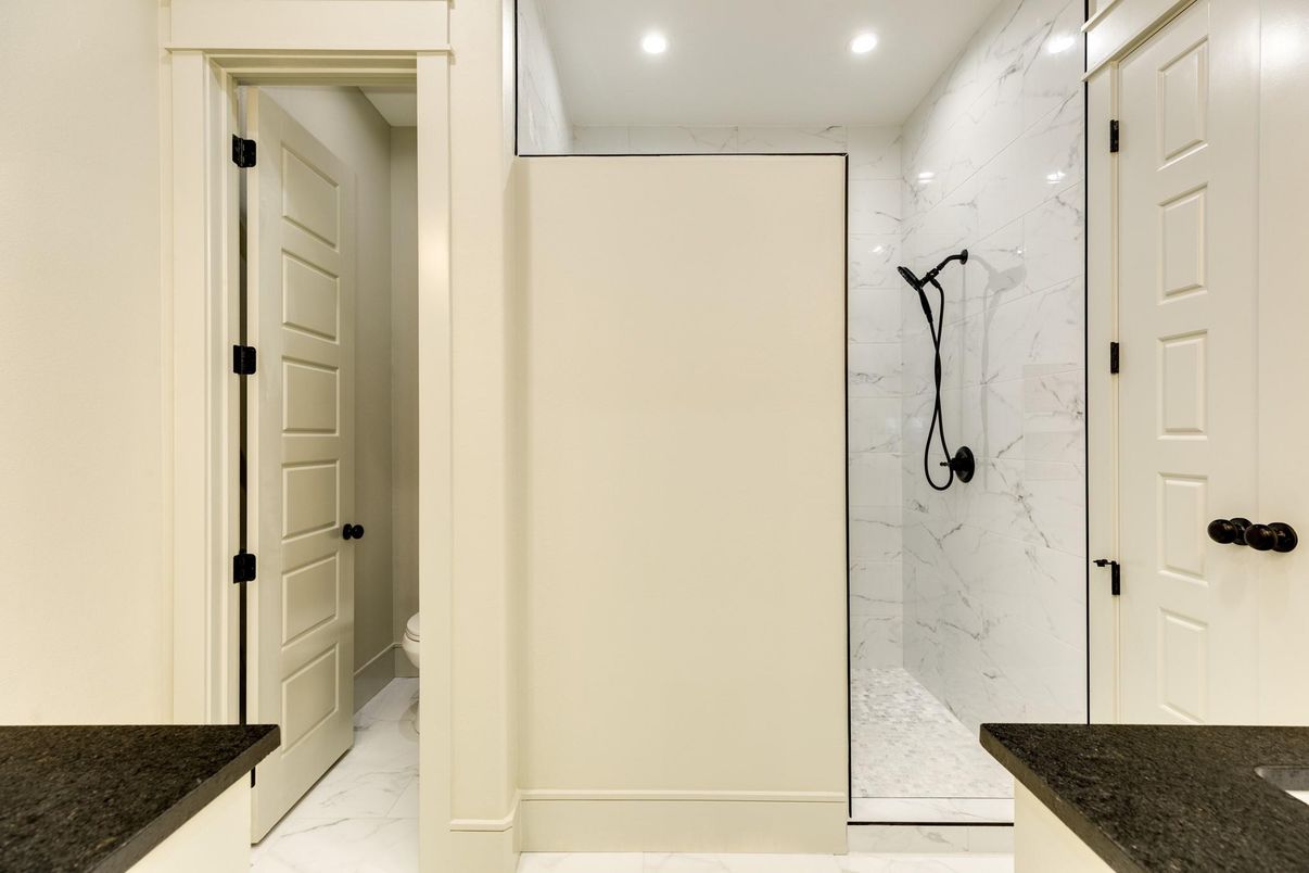 Bathroom, Glass Shower, Interior, Marble, Marble Walls, Recessed Lighting