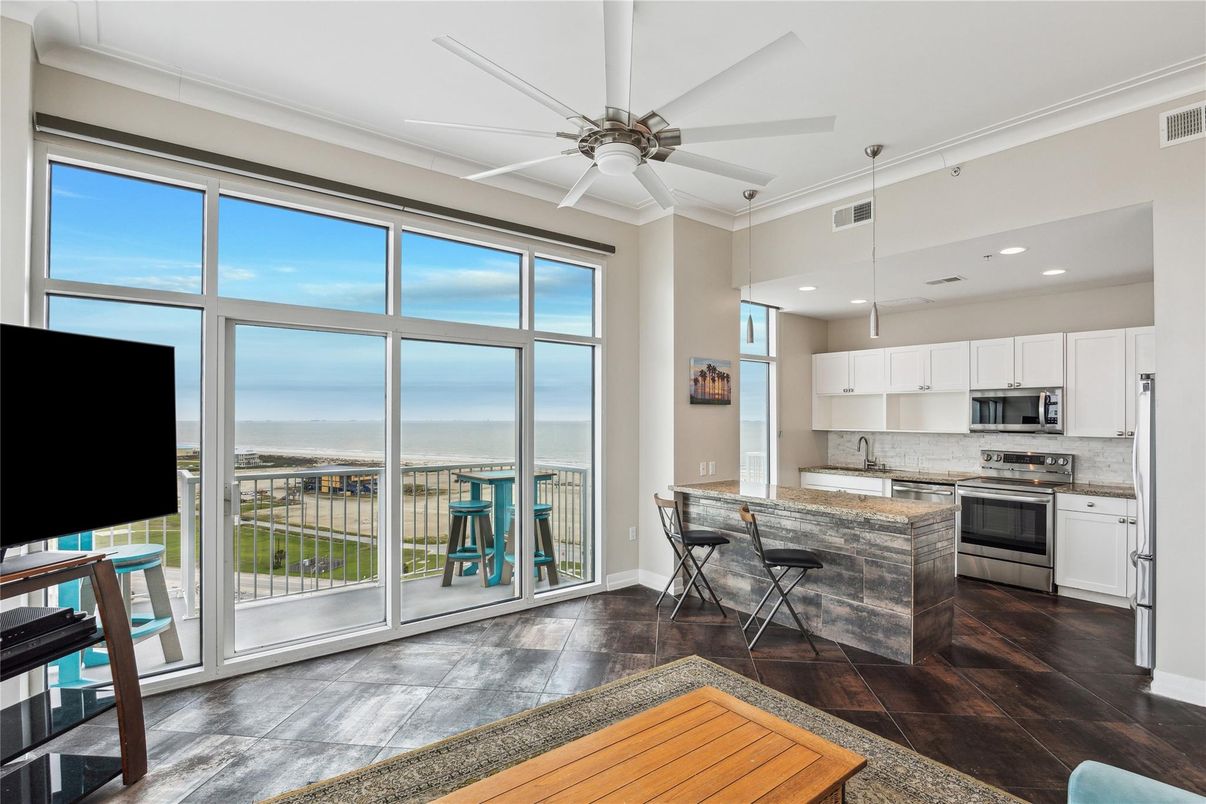Interior, Kitchen, Pendant Lights, Recessed Lighting, Stainless Steel Appliances, Water, Wood Texture Flooring