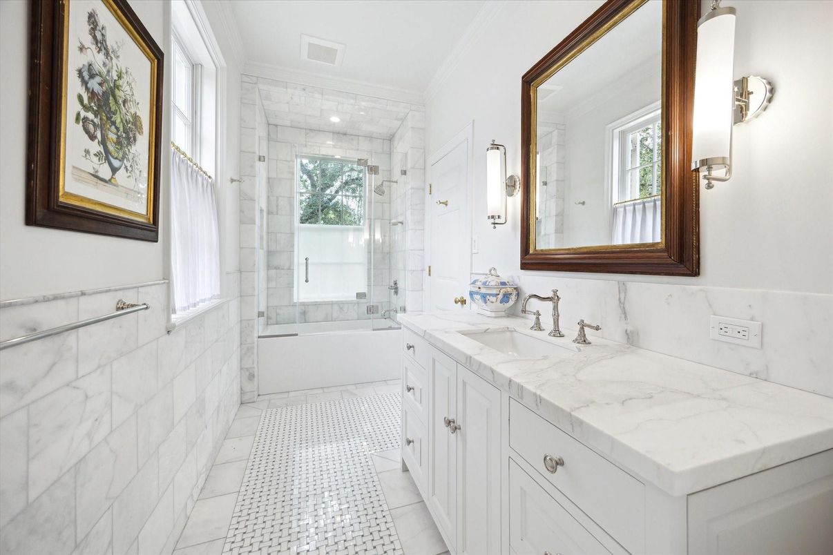 Bathroom, Dual Sink Vanities, Glass Shower, Interior, Marble Walls, Recessed Lighting