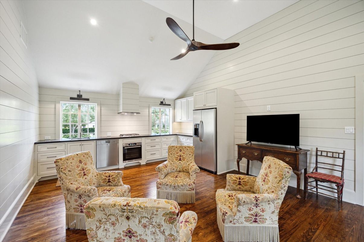 Interior, Kitchen, Living room, Recessed Lighting, Stainless Steel Appliances, Wood Texture Flooring