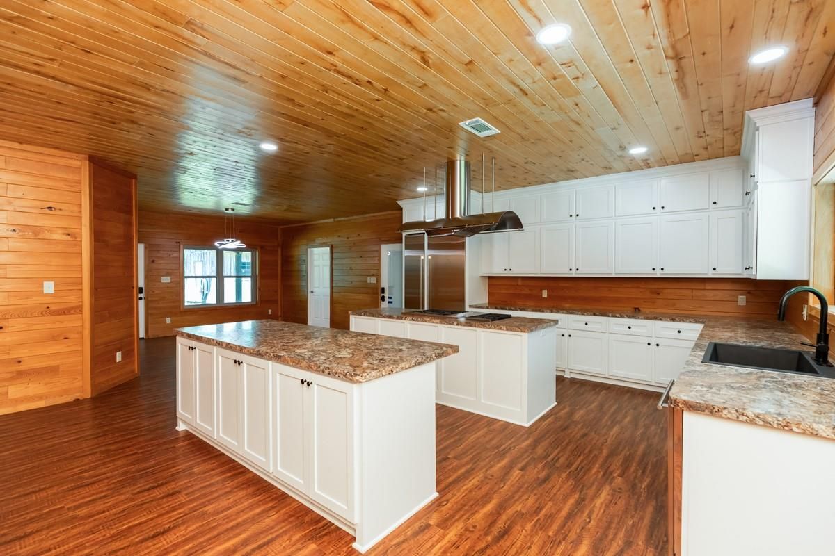Interior, Kitchen, Pendant Lights, Recessed Lighting, Stainless Steel Appliances, Wooden Ceilings, Wood Texture Flooring