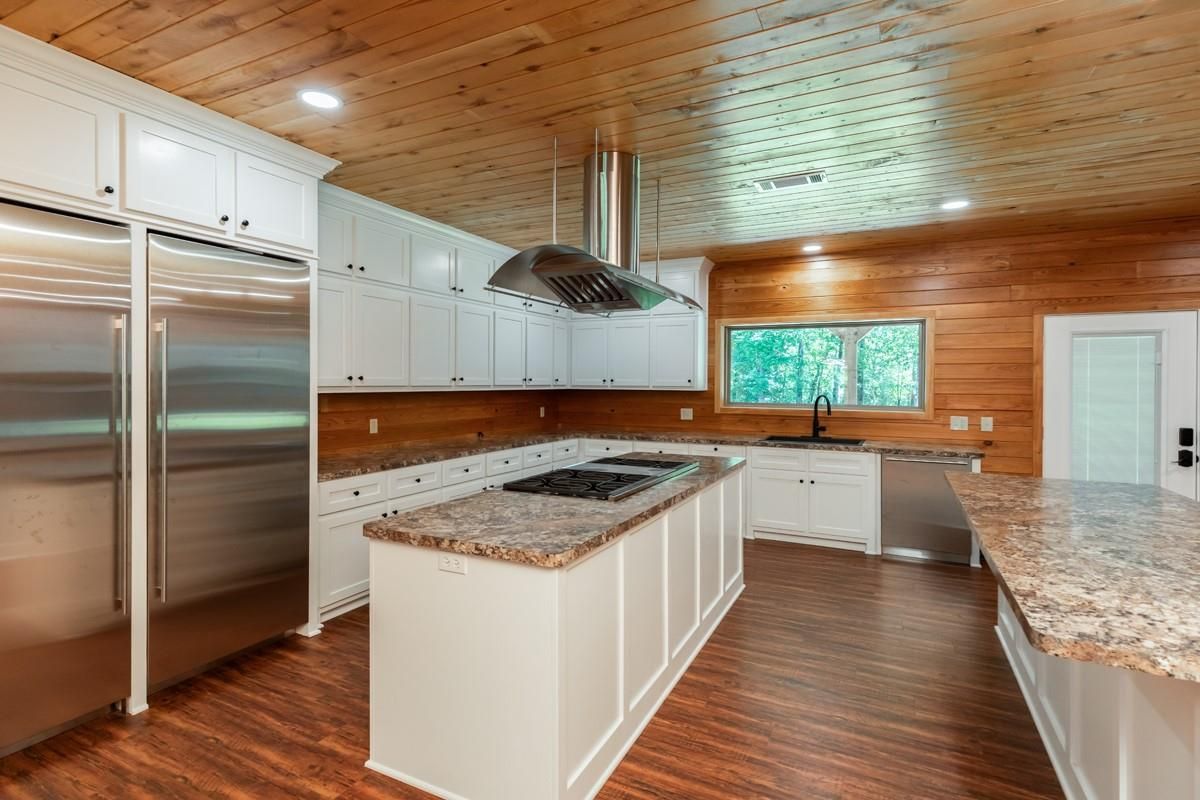 Interior, Kitchen, Pendant Lights, Recessed Lighting, Stainless Steel Appliances, Wooden Ceilings, Wood Texture Flooring