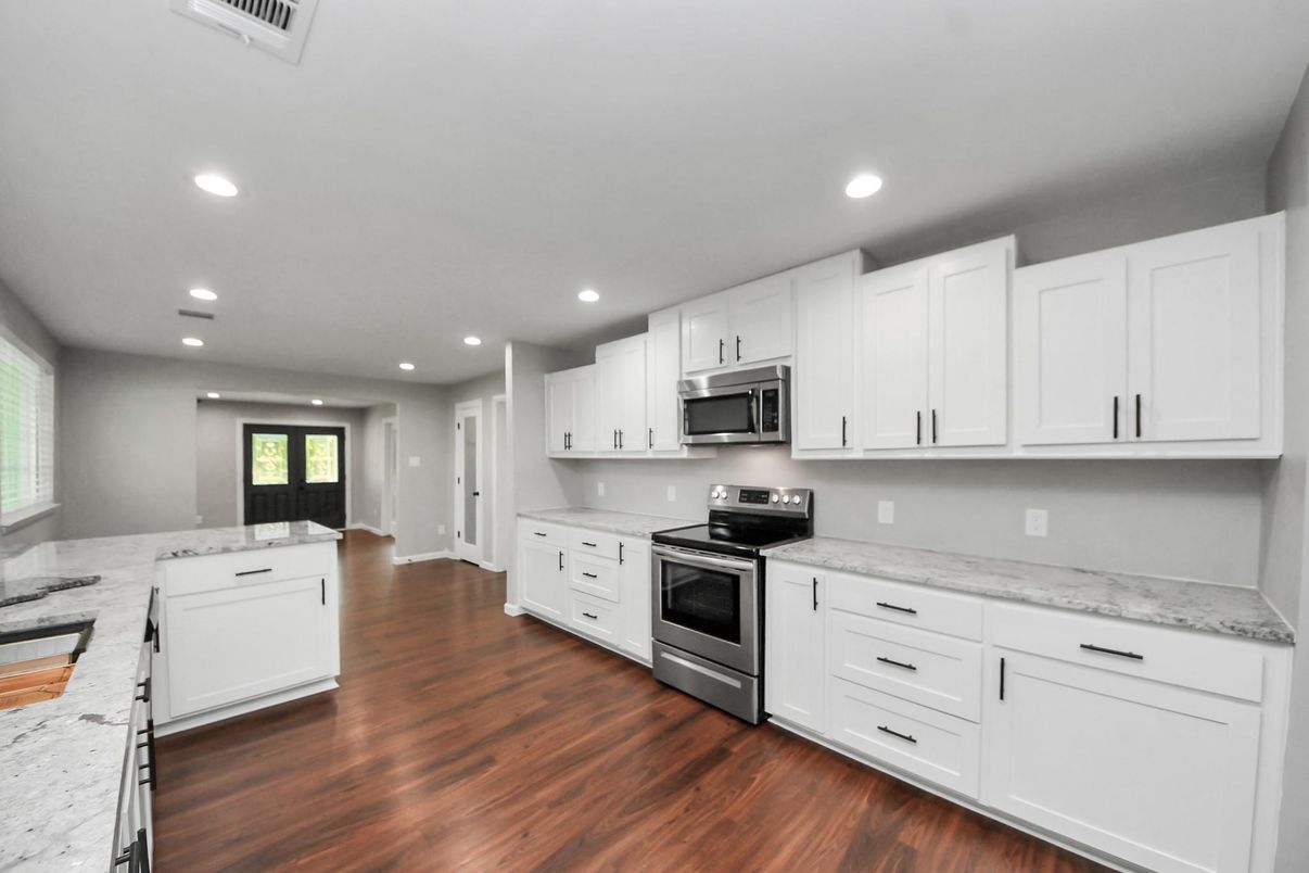 Interior, Kitchen, Recessed Lighting, Stainless Steel Appliances, Wood Texture Flooring
