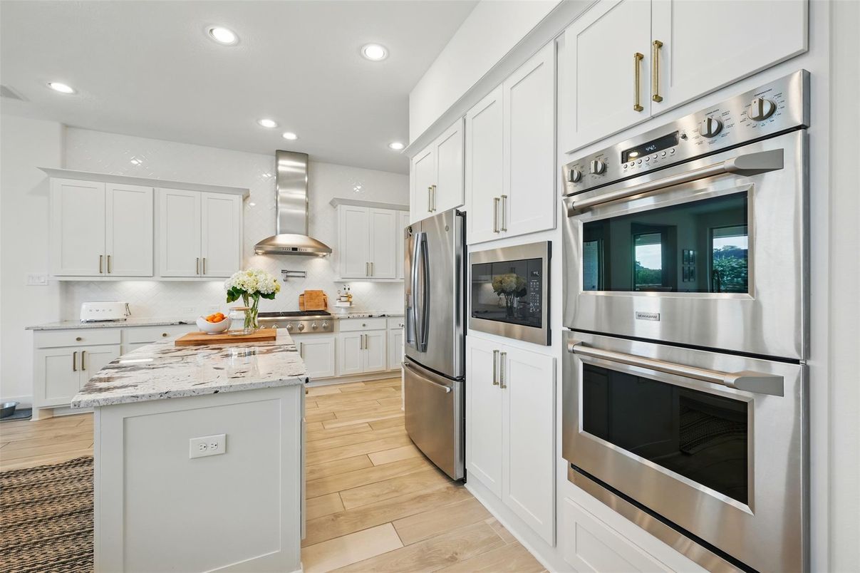 Interior, Kitchen, Recessed Lighting, Stainless Steel Appliances, Wood Texture Flooring