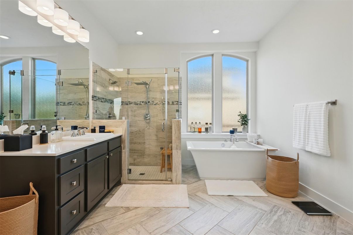 Bathroom, Dual Sink Vanities, Free Standing Baths, Glass Shower, Interior, Recessed Lighting, Wood Texture Flooring