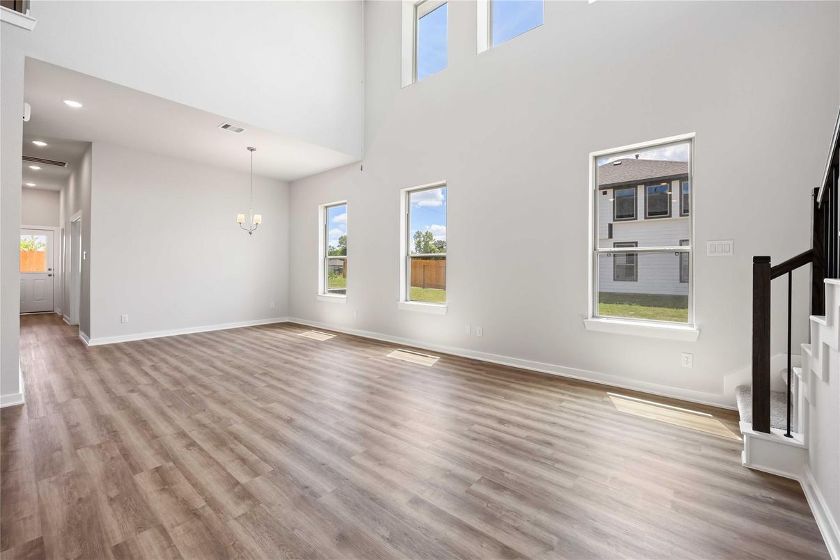 Empty room, Interior, Pendant Lights, Recessed Lighting, Wood Texture Flooring