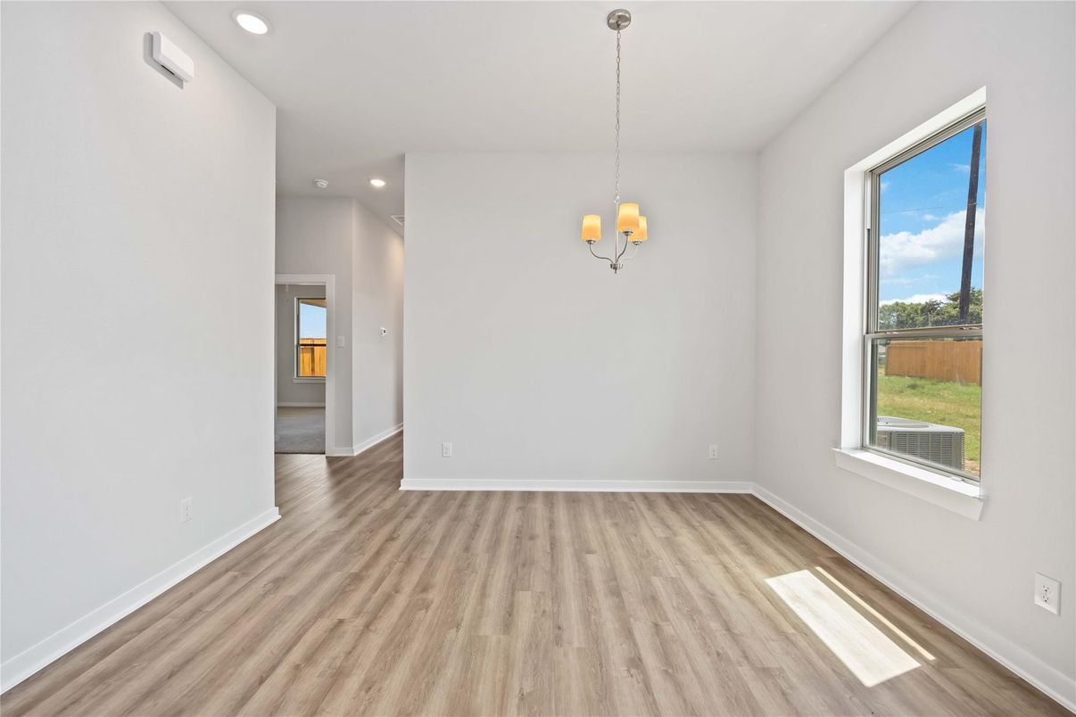Chandelier, Empty room, Interior, Pendant Lights, Recessed Lighting, Wood Texture Flooring
