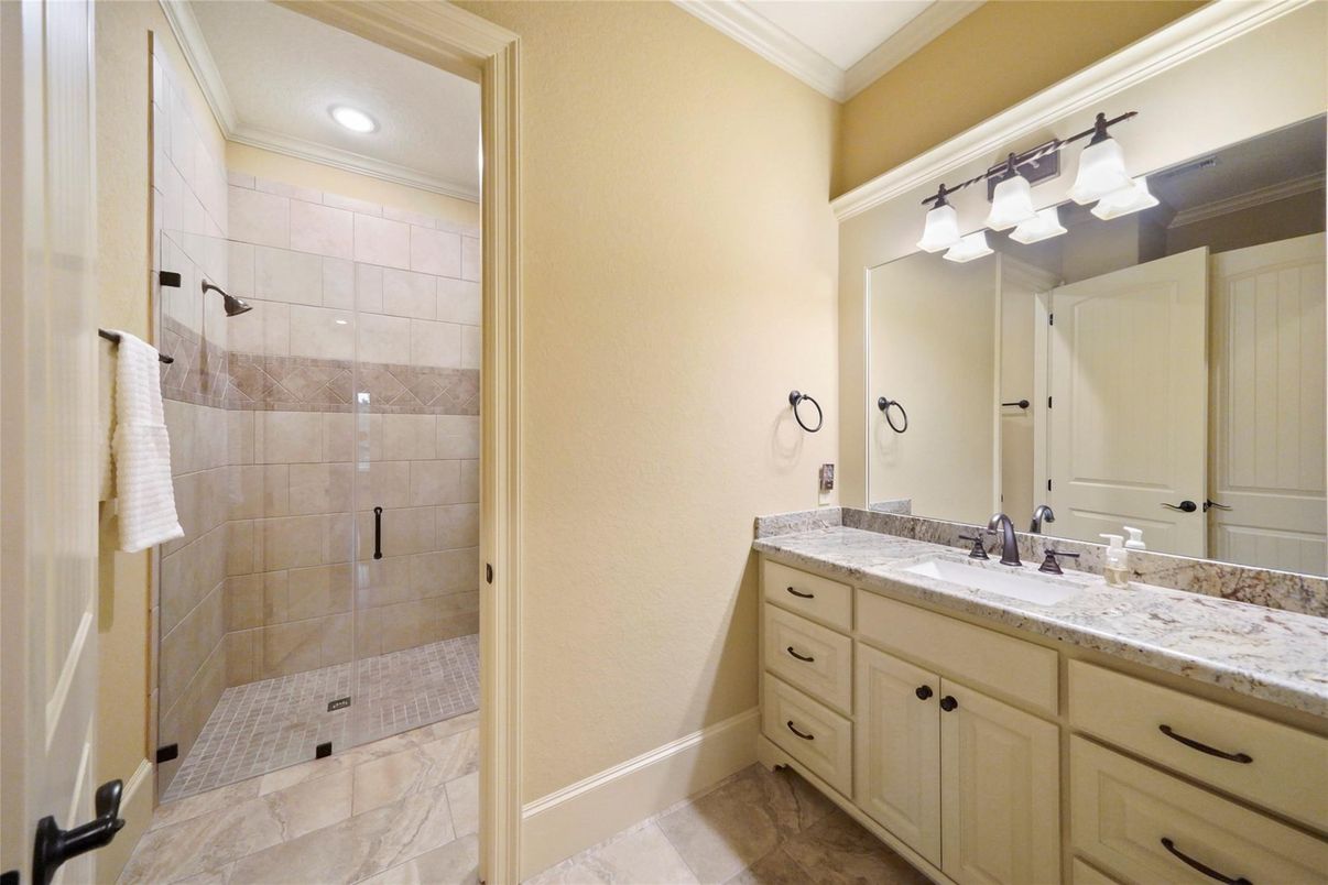 Bathroom, Dual Sink Vanities, Glass Shower, Interior, Recessed Lighting