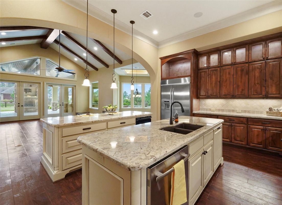 Interior, Kitchen, Pendant Lights, Recessed Lighting, Stainless Steel Appliances, Wooden Beams, Wood Texture Flooring