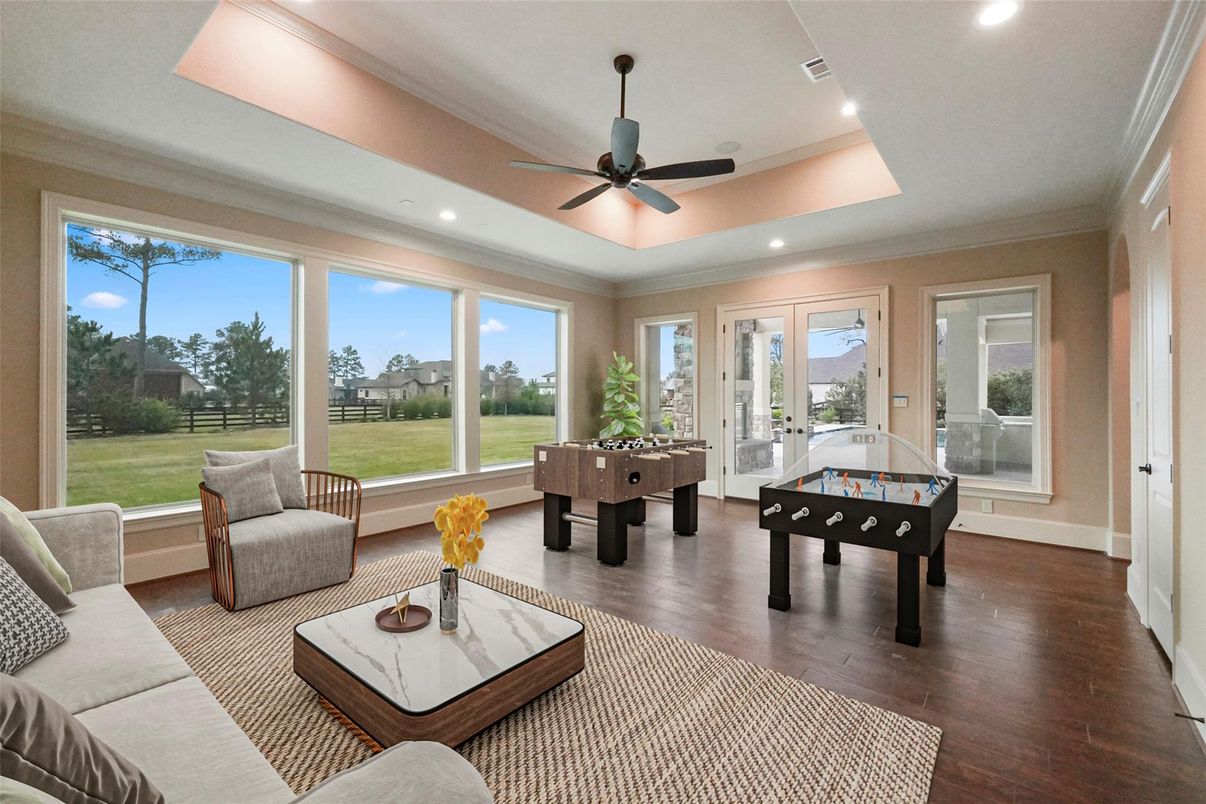 Game Room, Interior, Living room, Recessed Lighting, Wood Texture Flooring