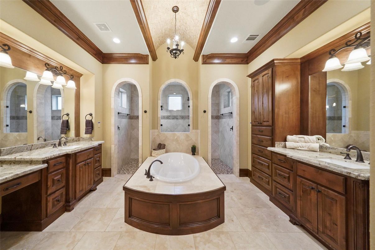 Bathroom, Chandelier, Dual Sink Vanities, Interior, Recessed Lighting