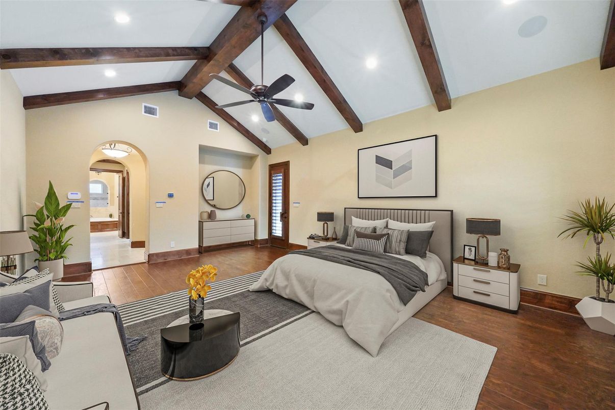 Bedroom, Interior, Recessed Lighting, Wooden Beams, Wood Texture Flooring