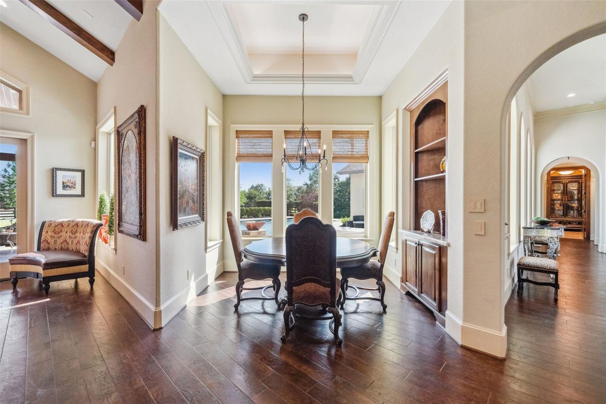 Chandelier, Dining room, Interior, Pendant Lights, Recessed Lighting, Wooden Beams, Wood Texture Flooring