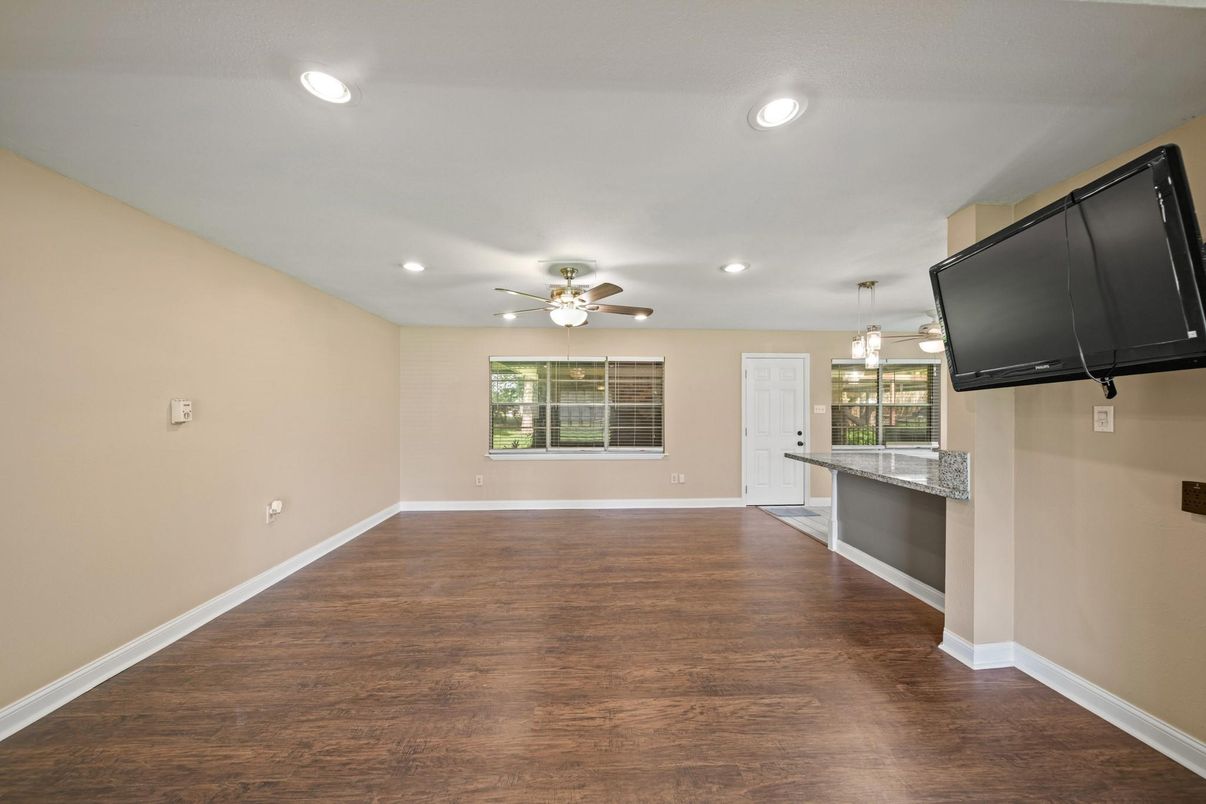 Empty room, Interior, Pendant Lights, Recessed Lighting, Wood Texture Flooring