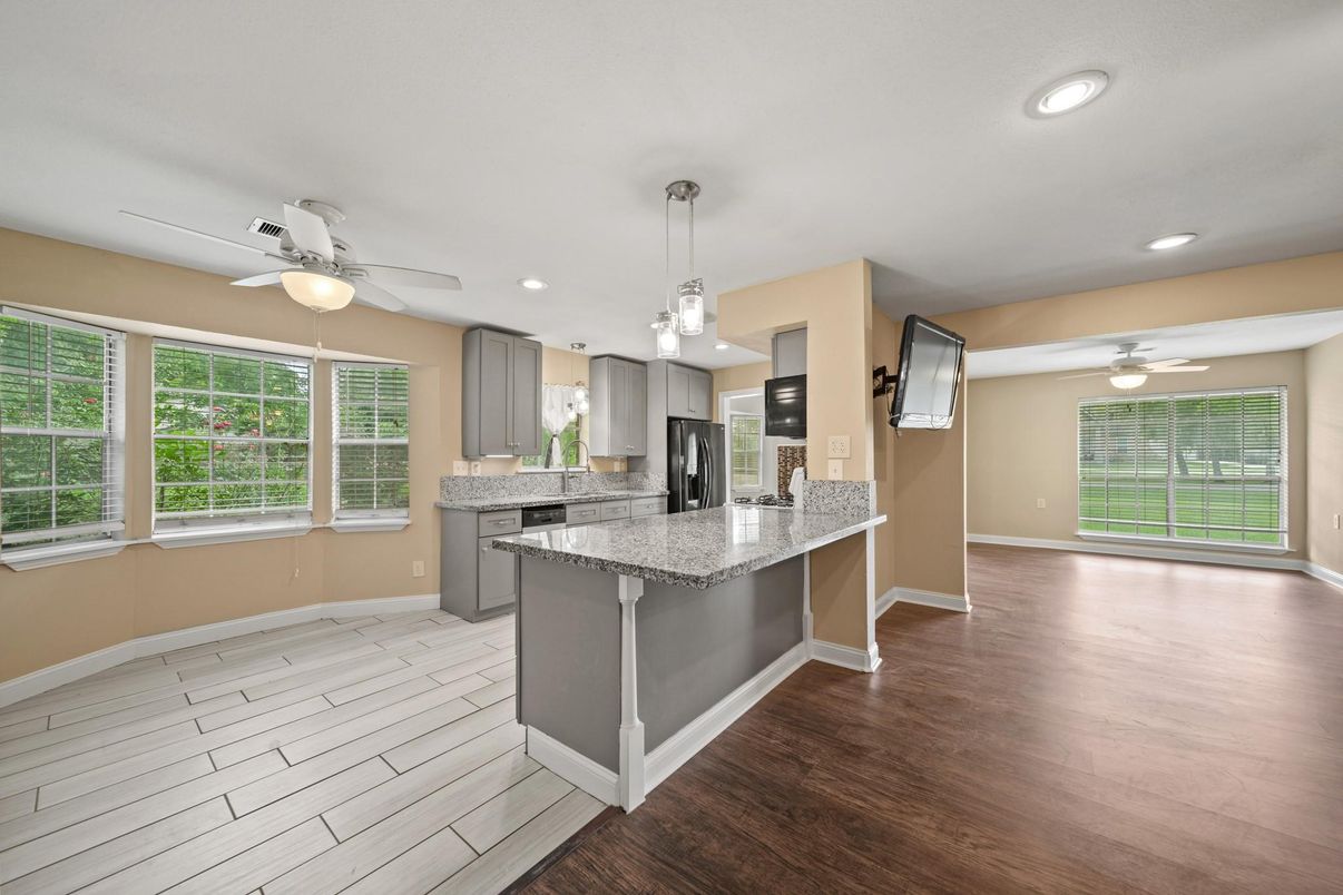 Interior, Kitchen, Pendant Lights, Recessed Lighting, Wood Texture Flooring