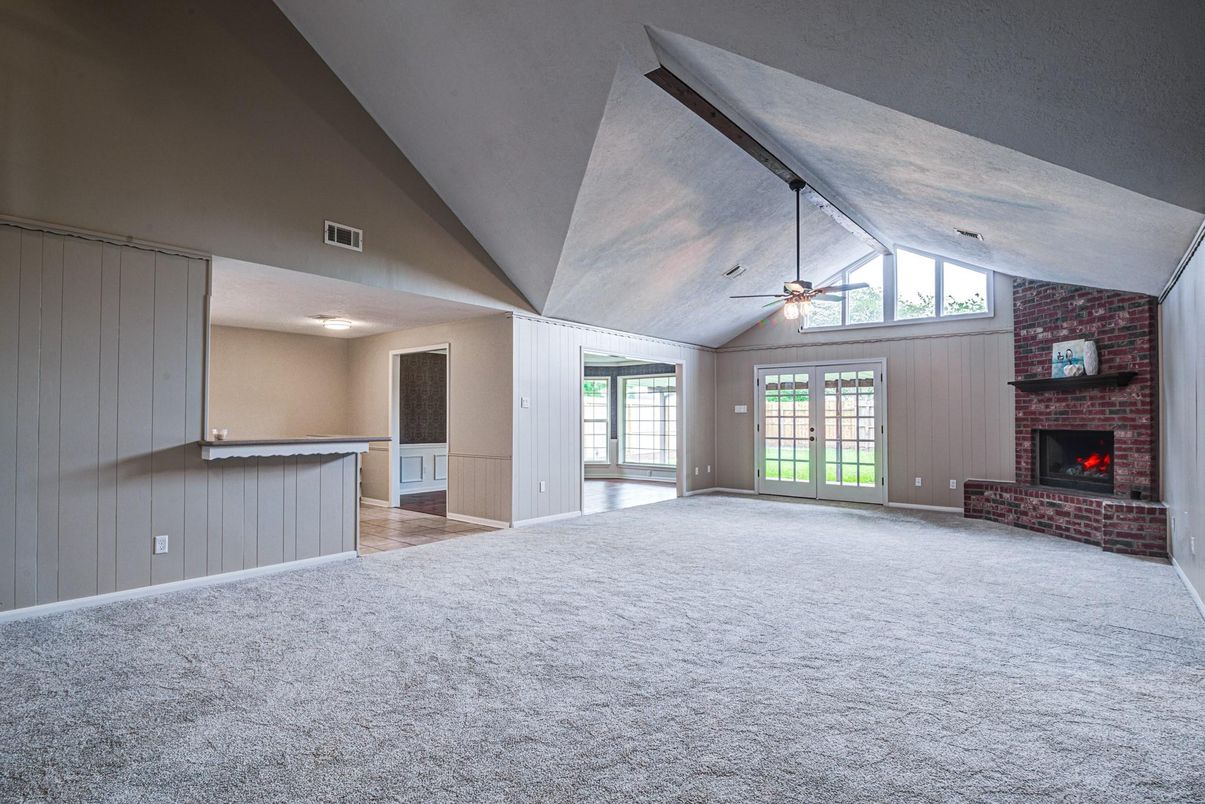 Empty room, Fireplace, Interior, Stone Walls, Wood Texture Flooring