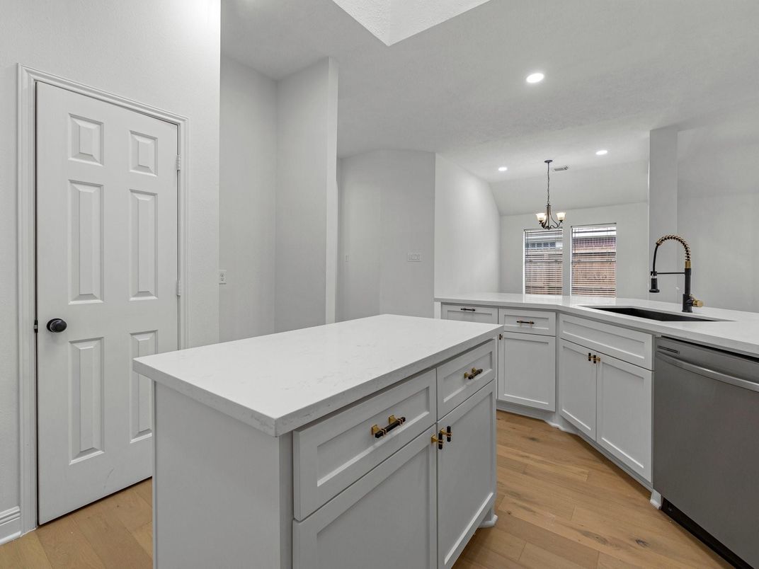 Chandelier, Interior, Kitchen, Recessed Lighting, Wood Texture Flooring