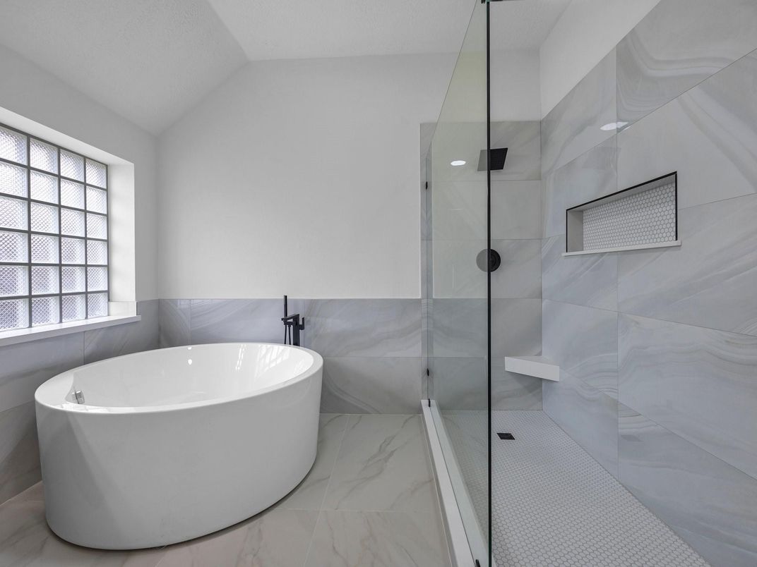 Bathroom, Free Standing Baths, Glass Shower, Interior, Marble
